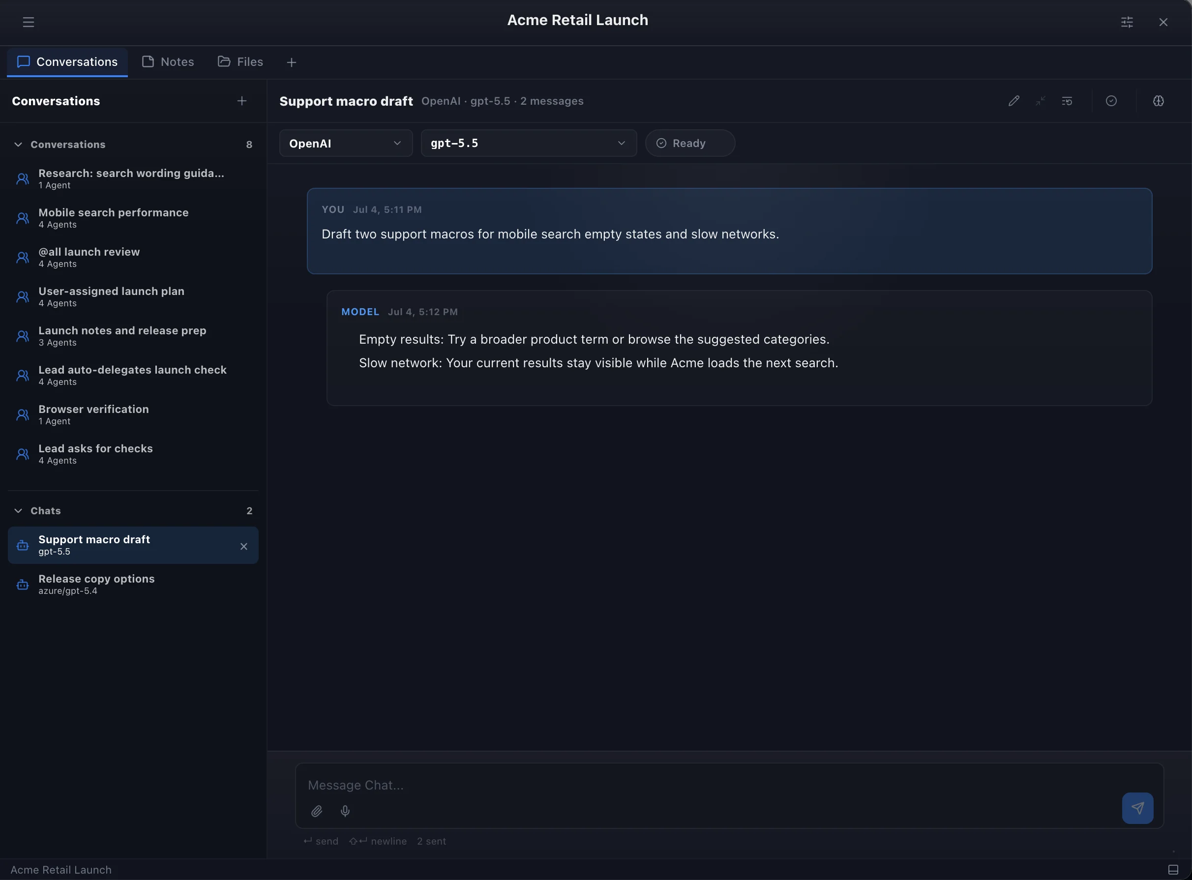A direct Acme Chat drafting support macros with a selected GPT provider and model.