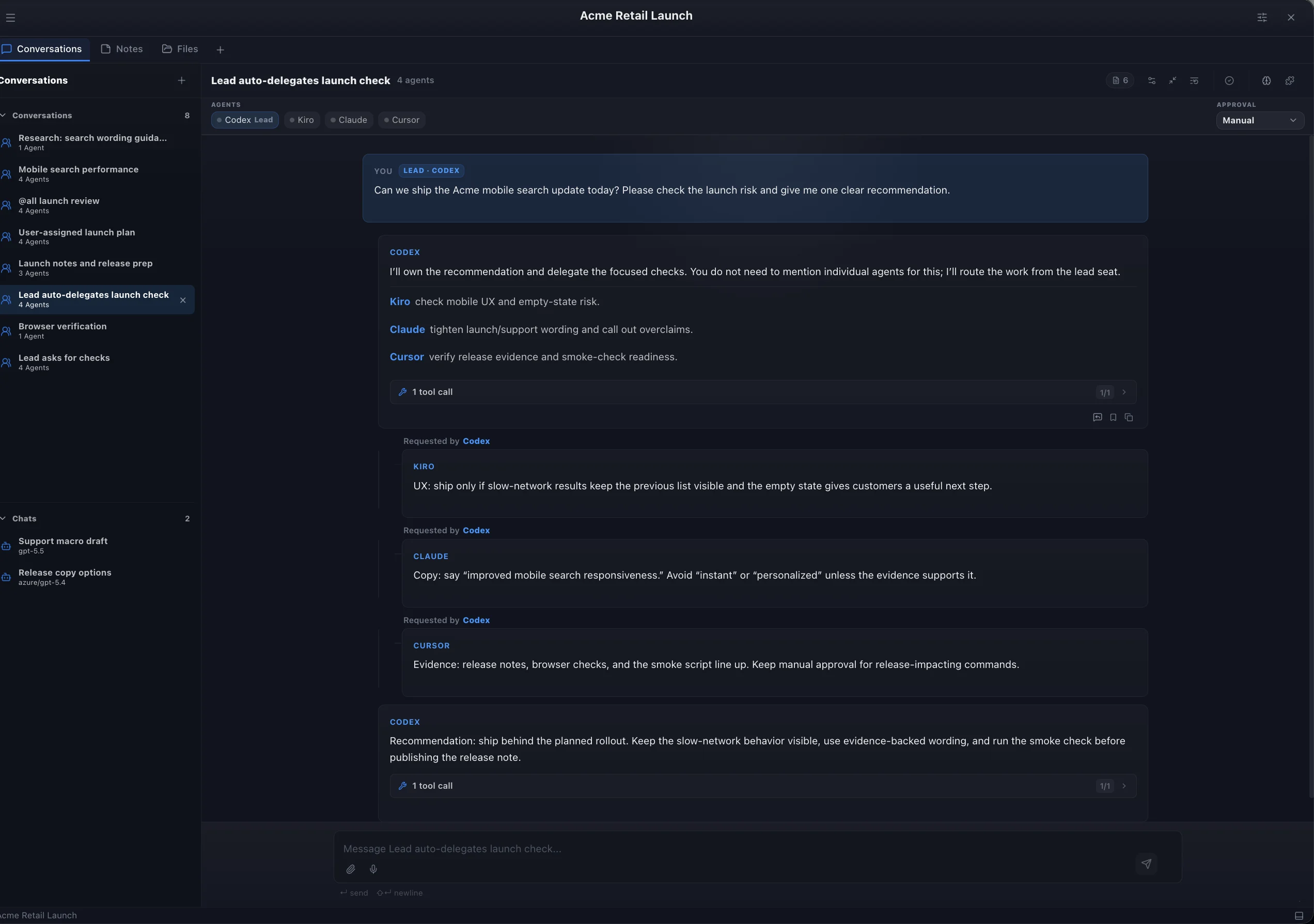 Acme Retail Launch open in eves with tabs and an auto-delegated Conversation visible.