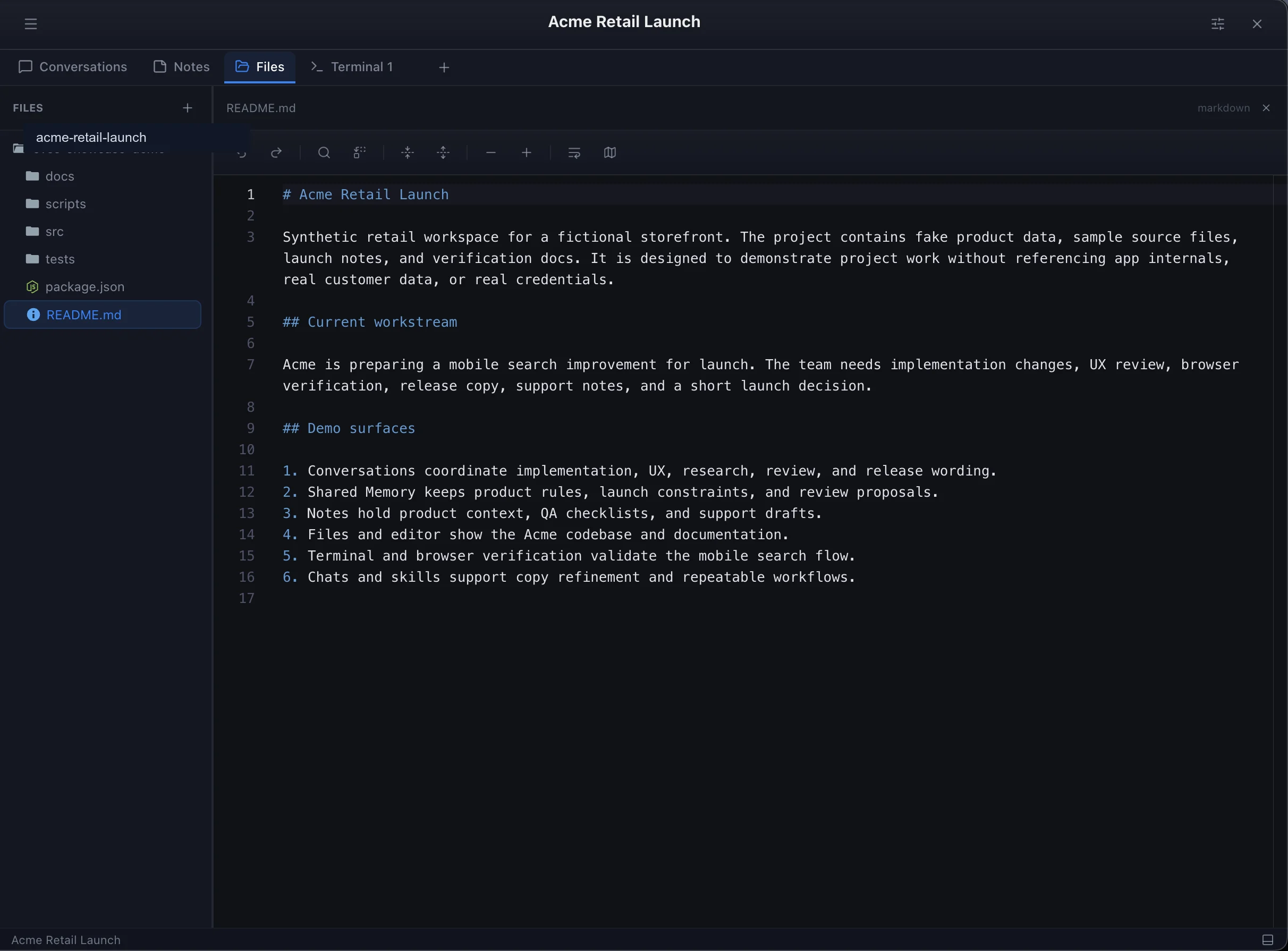 Acme project file tree with README.md open in the editor.