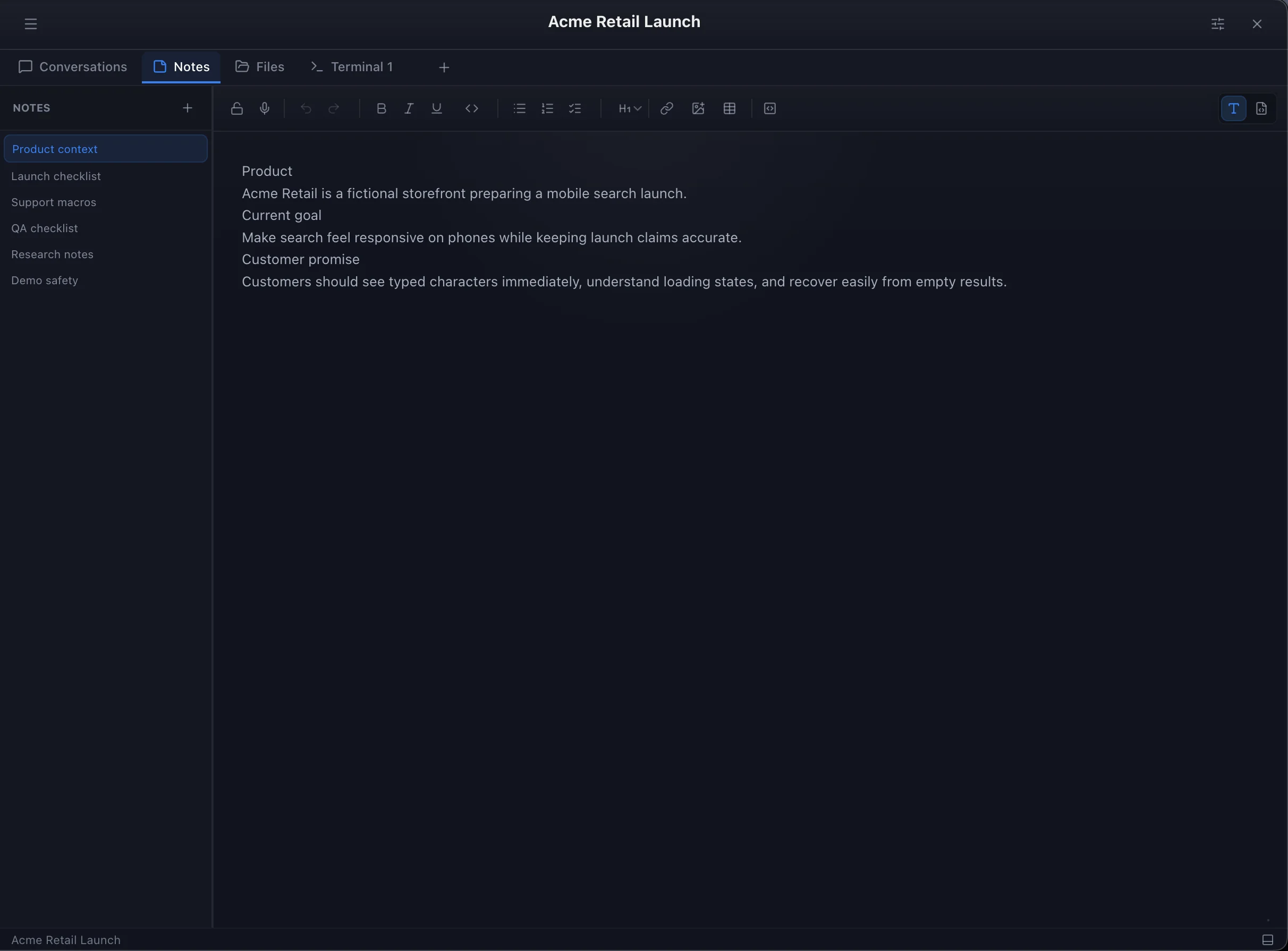 Acme project notes showing product context and note categories.