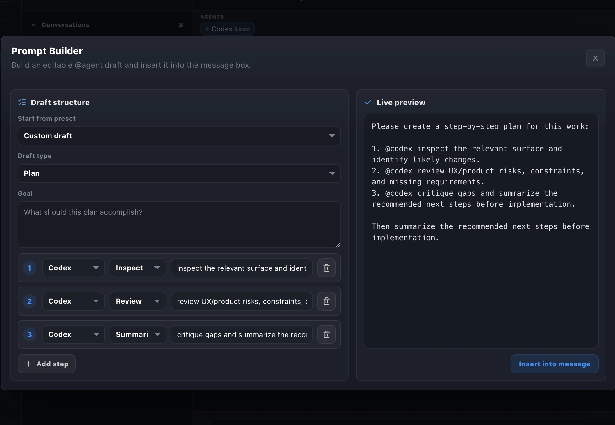 Prompt Builder modal showing draft structure, step types, agents, and live preview.