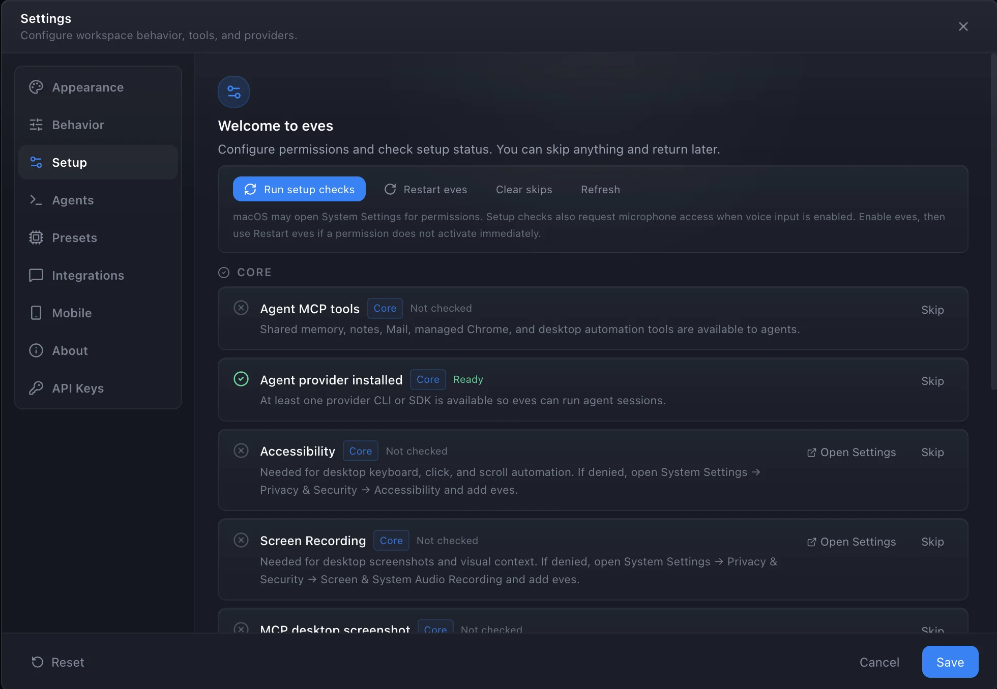 Settings setup checklist showing MCP tools, provider readiness, Accessibility, and Screen Recording checks.