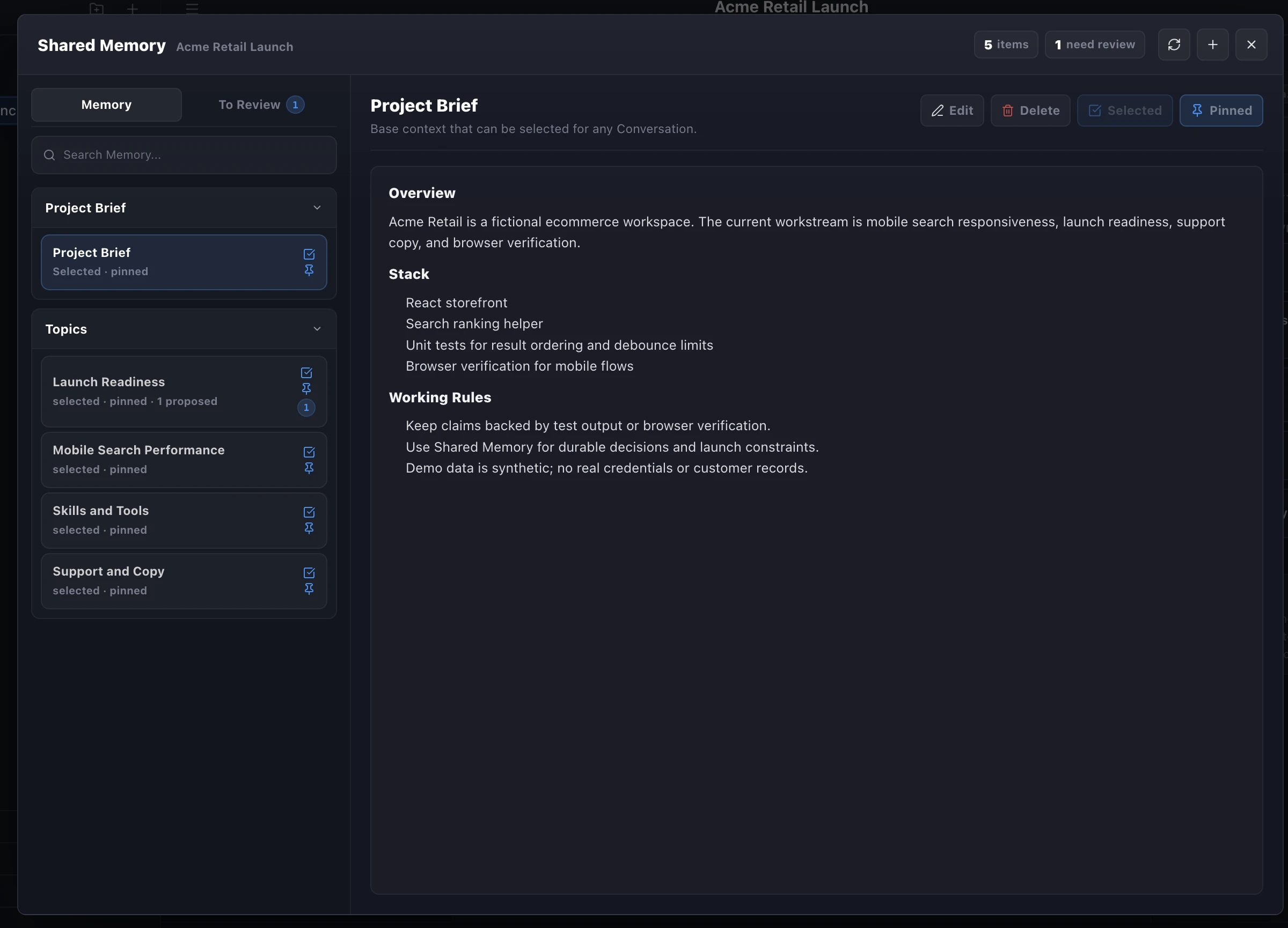 The full Shared Memory view showing the Project Brief detail alongside the Topics list.