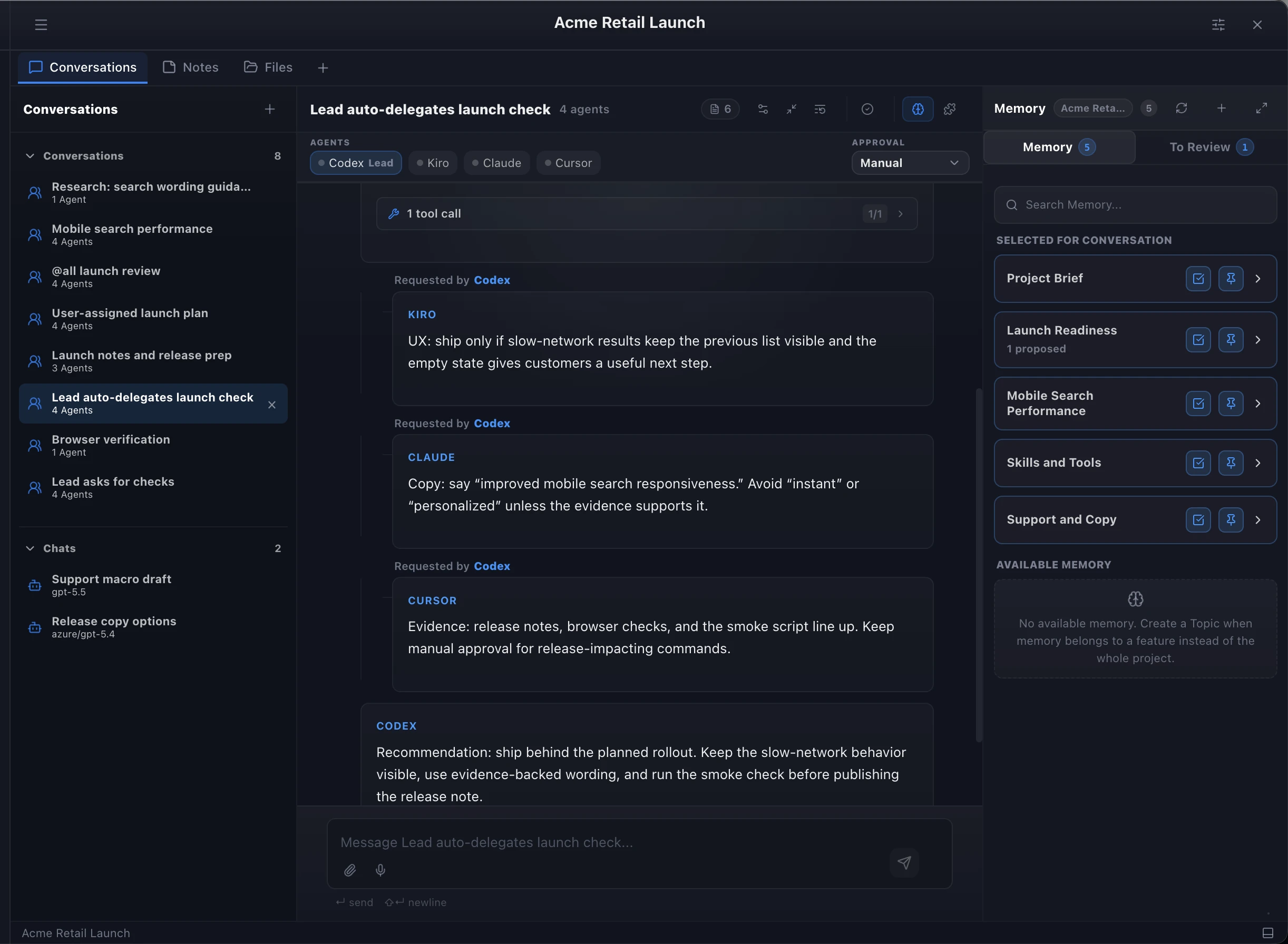 Shared Memory panel showing Acme Project Brief, Topics, selected memory, and Review state.
