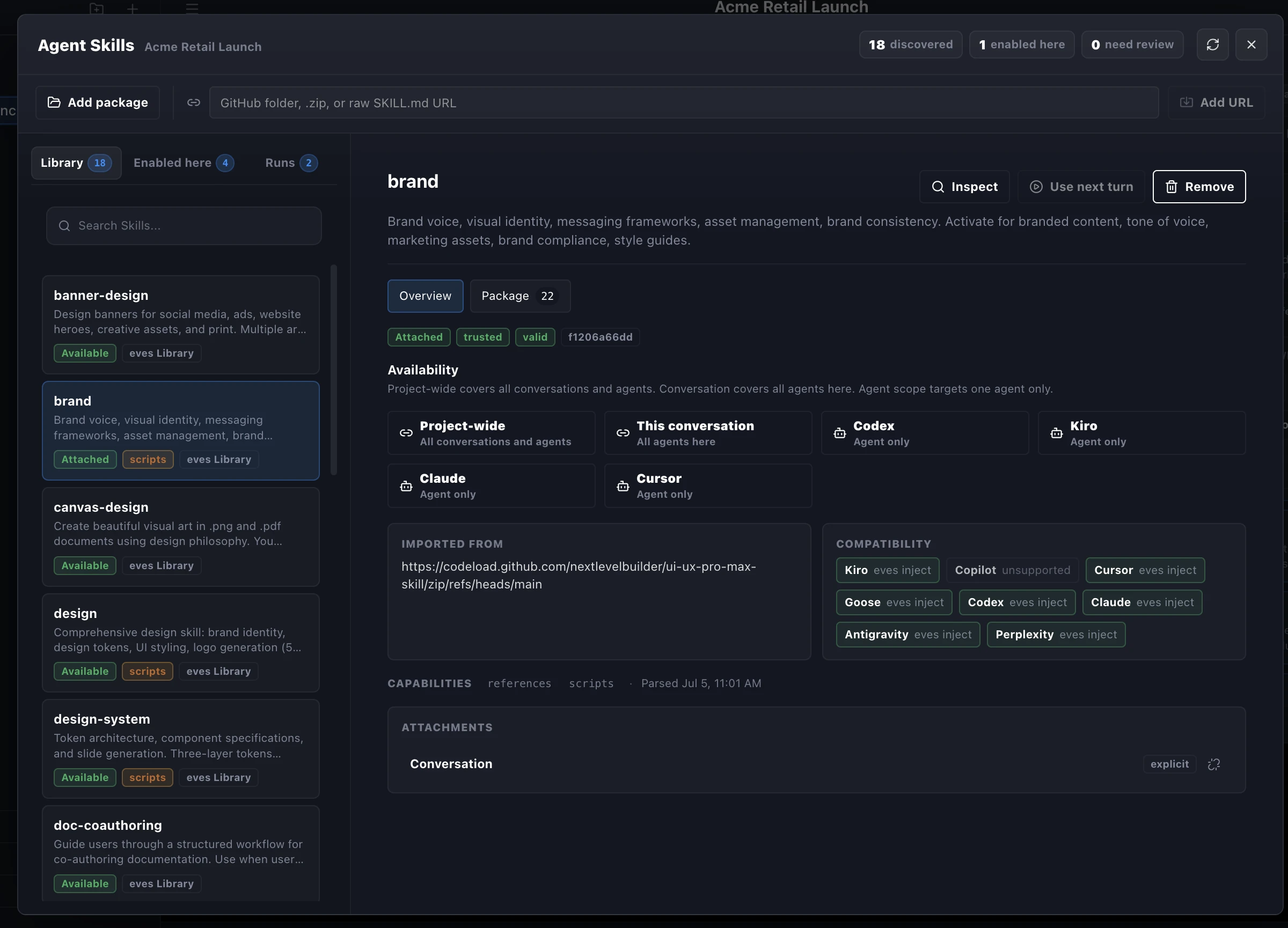 The full Agent Skills view showing a skill's library source, availability, compatibility, and capabilities.