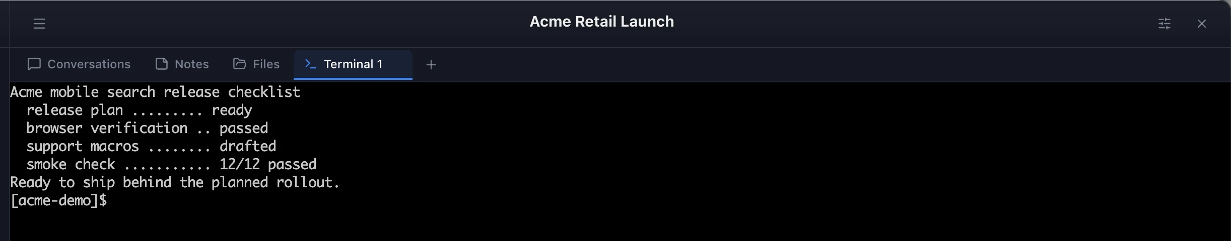 Terminal tab showing Acme smoke-check output.